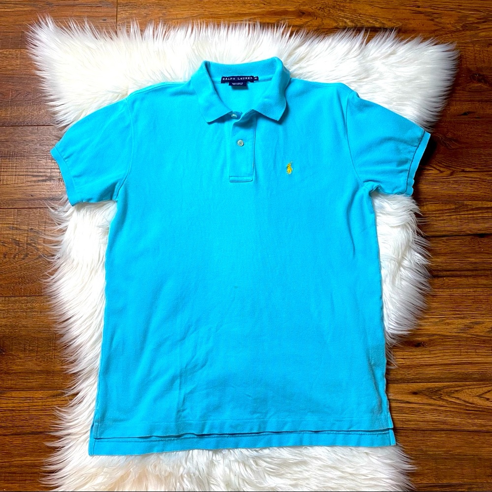 Polo Ralph Lauren Men’s Aquamarine/Yellow Logo Custom Slim Fit Mesh Polo Size XS